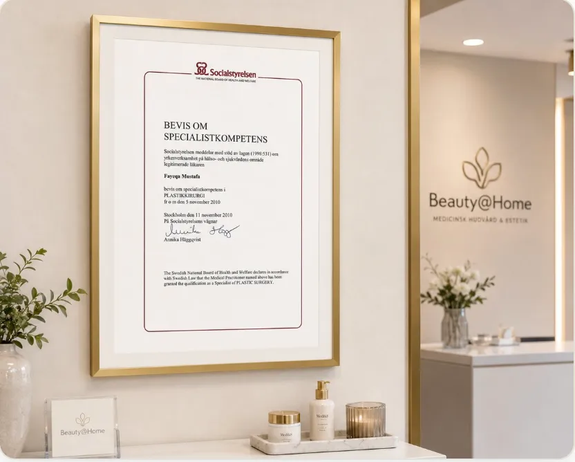 Inramat bevis om specialistkompetens i plastikkirurgi för Fayeqa Mustafa, upphängt på kliniken Beauty@Home